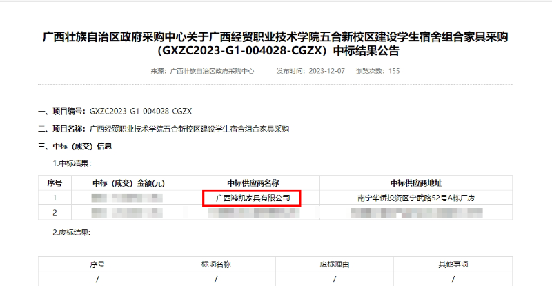 鸿凯家具公寓床中标公告